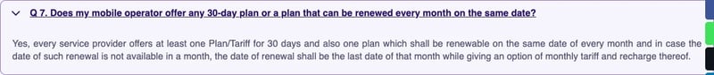 TRAI FAQ stating that each provider offers a 30-day plan and a same-date monthly renewal plan.