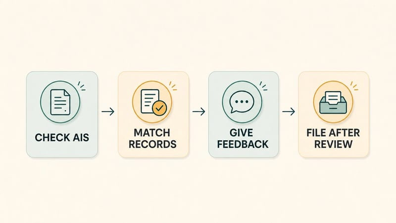 Four-step AIS mismatch check flow showing check AIS, match records, give feedback and file after review.