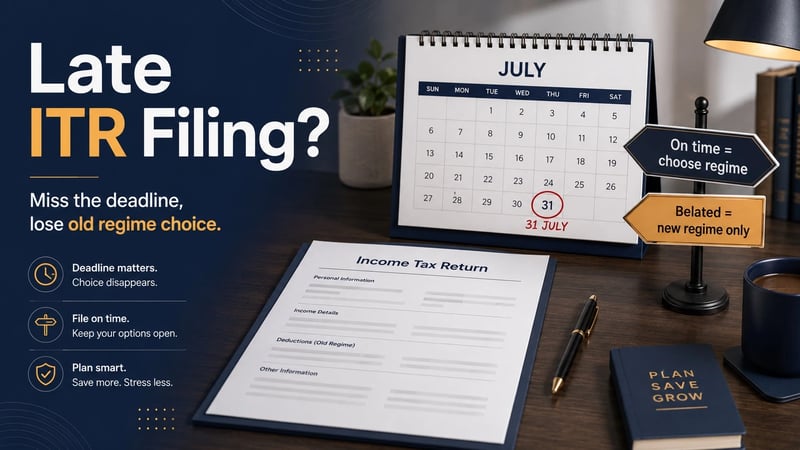 Calendar and tax-return visual showing 31 July on-time filing keeps regime choice while a belated return locks into the new regime.