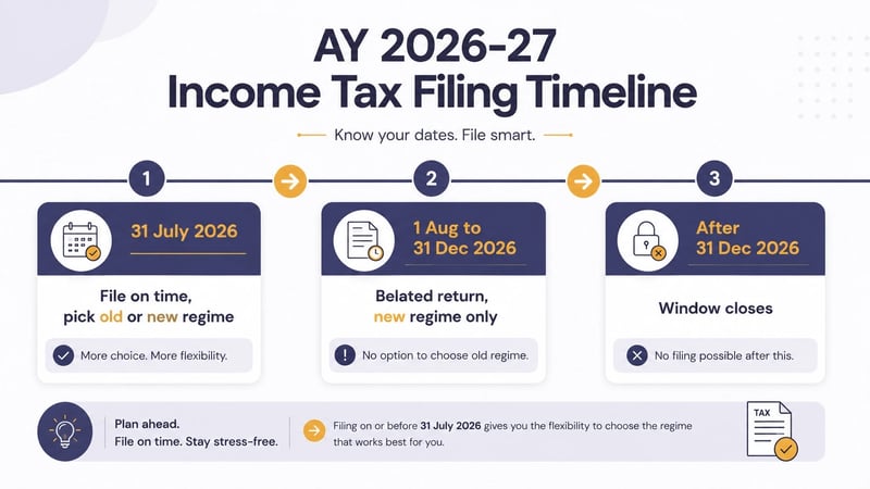 Timeline showing the on-time due date, the belated return window and the closing date for AY 2026-27.