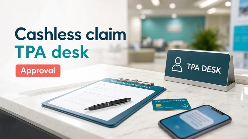 Hospital insurance desk with health insurance card, form and TPA desk sign for a cashless claim guide.
