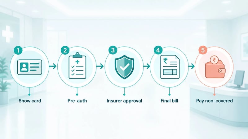 Flowchart showing health insurance cashless claim steps from showing card to final bill and non-covered payment.