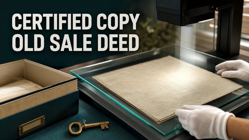 Editorial image of an old property deed being digitised at a Telangana records archive beside a house key.