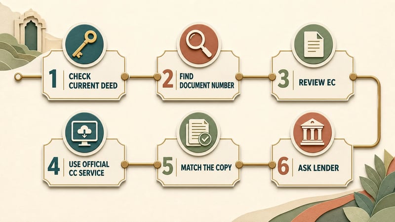 Six-step path for identifying, retrieving and checking a certified property document in Telangana.