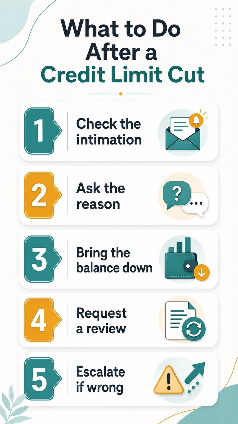 Five-step action checklist for responding to a credit card limit reduced without notice.