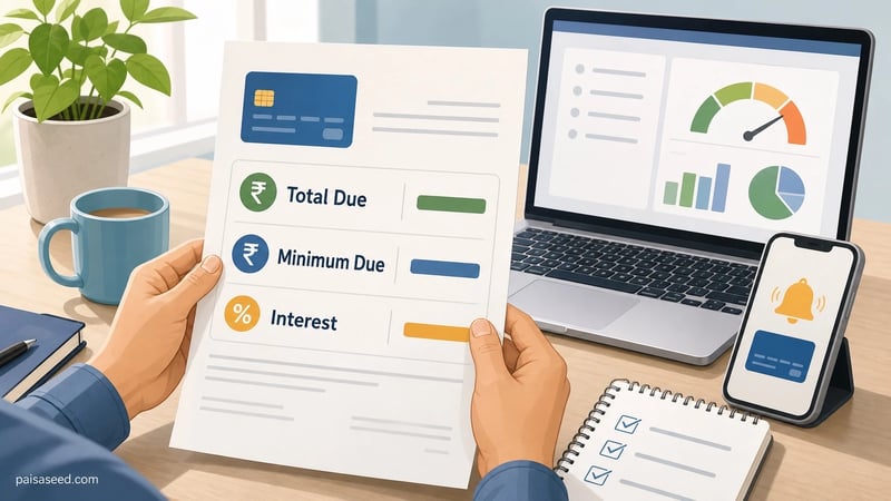 Illustration of a credit card bill showing total amount due, minimum amount due and interest notes.