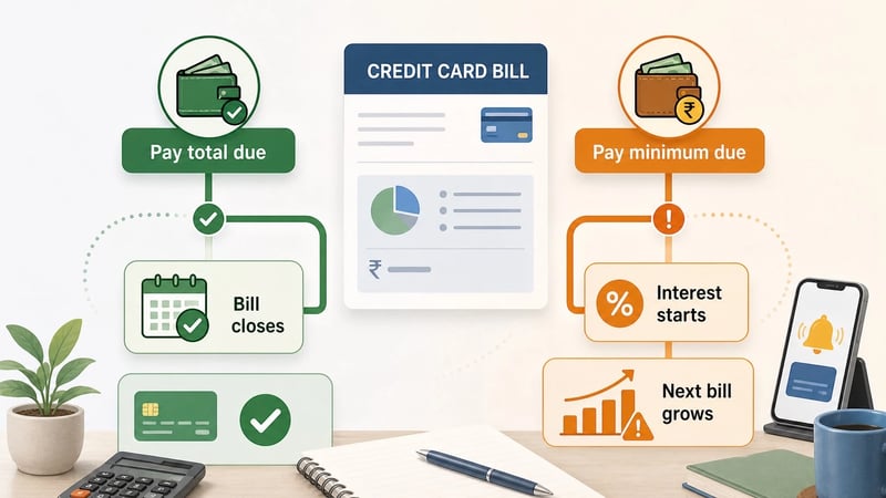 Flowchart showing how paying total due differs from paying only the minimum due on a credit card bill.