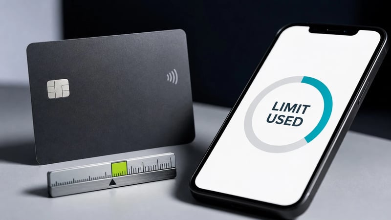 Credit card and phone screen showing a limit used meter for credit utilization ratio.