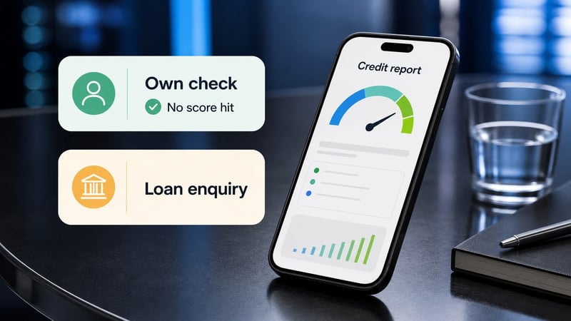 Phone and credit report visual showing own score check versus lender enquiry with no score-hit message.