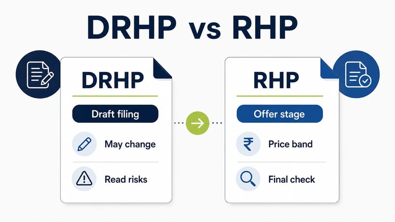 Comparison map showing DRHP as draft filing and RHP as offer-stage filing for IPO readers.