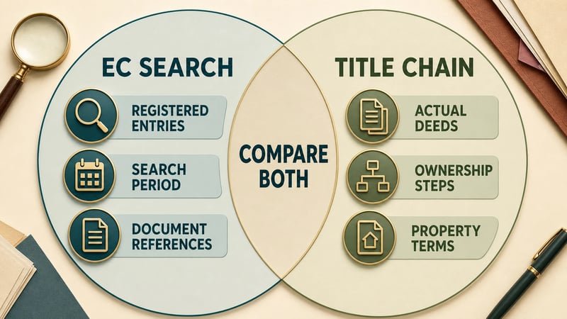 Scope map comparing the registered-search role of an EC with the ownership-document role of a title chain.