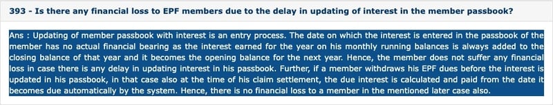 EPFO FAQ explaining that delayed interest entry in the member passbook does not cause financial loss.