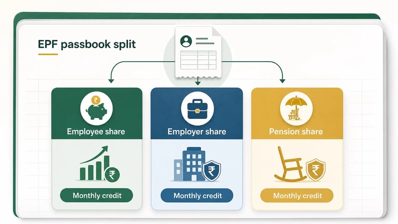 Infographic explaining employee share, employer share and pension share in an EPF passbook.