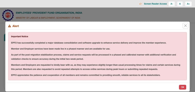 EPFO Member Portal alert about phased services and post-migration stabilisation.