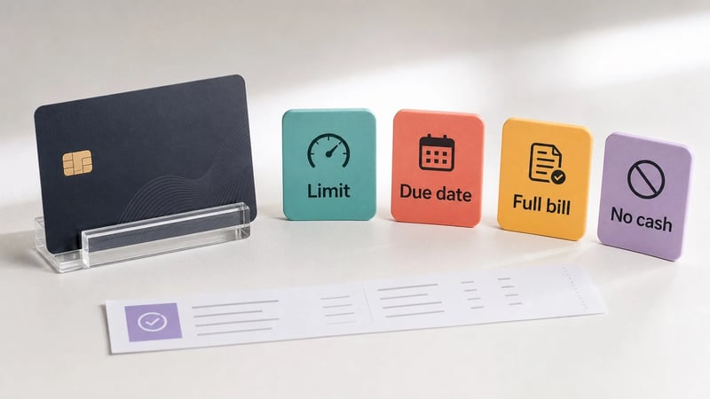 First credit card starter scene with a bill calendar, limit meter and payment reminder blocks.