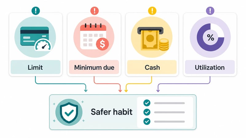 Mistake map showing limit, minimum due, cash withdrawal and utilization checks for first credit card users.