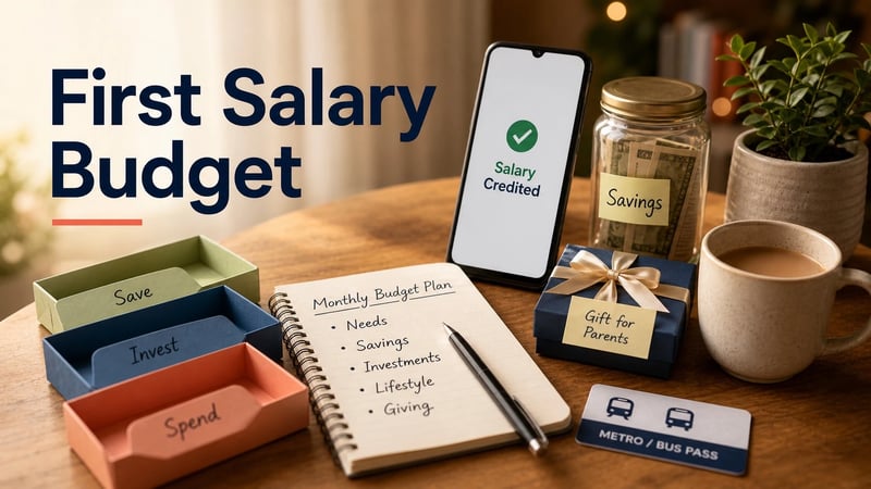 Editorial image of a first salary message, budget envelopes, savings jar and monthly bill notes on a desk.