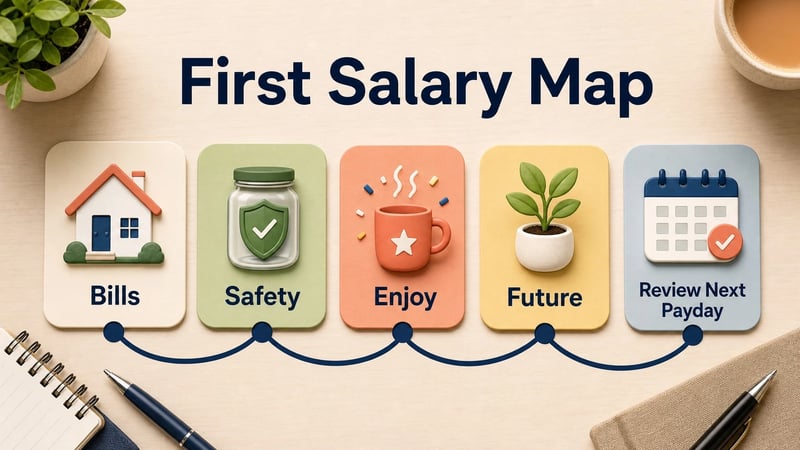 Infographic showing first salary split into bills, safety, enjoyment, future goals and next payday review.