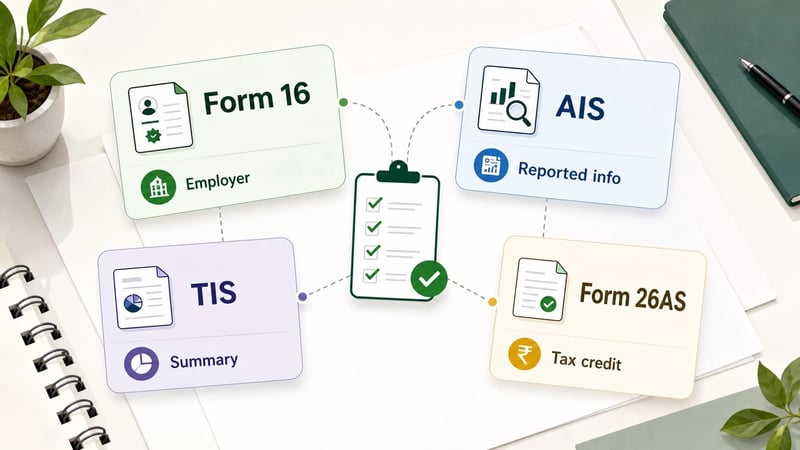 Diagram comparing Form 16, AIS, TIS and Form 26AS for ITR filing.