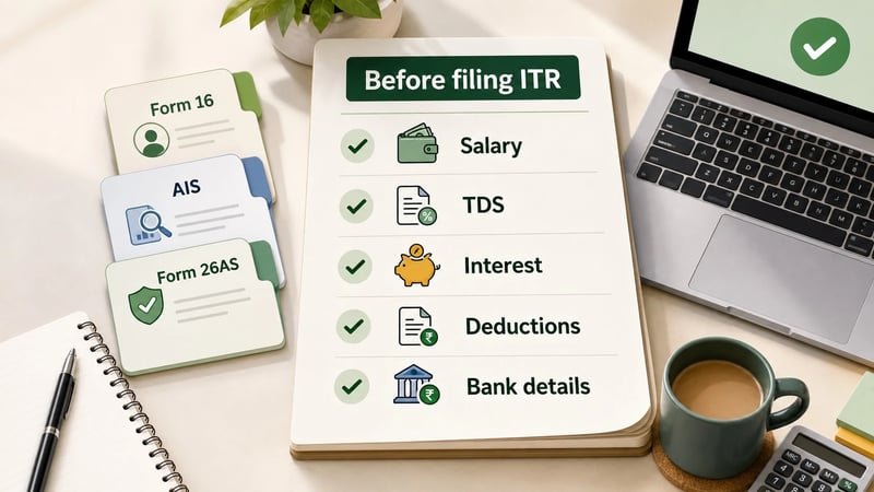 Checklist visual showing salary, TDS, interest, deductions and bank details before ITR filing.