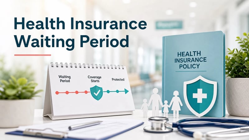 Editorial image of a health insurance policy timeline with a calendar, shield and hospital check symbols.