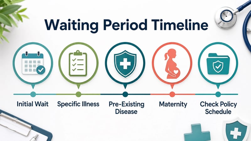 Timeline infographic showing common health insurance waiting period checks for buyers.