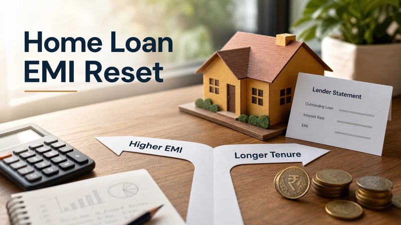 Editorial image of a borrower comparing home loan EMI and tenure options beside a small house model.