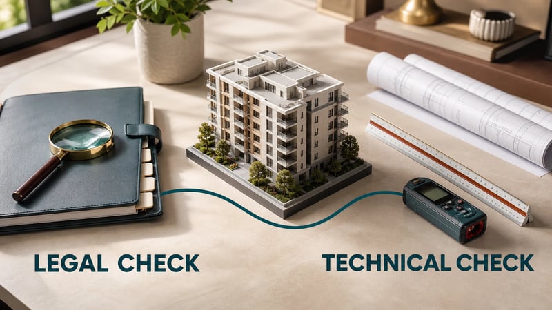 Editorial image of a property lawyer's document review and an engineer's building inspection arranged around one home model.