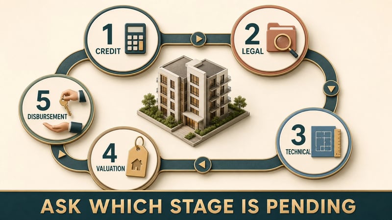 Five-stage home-loan process showing credit, legal, technical, valuation and disbursement decisions.