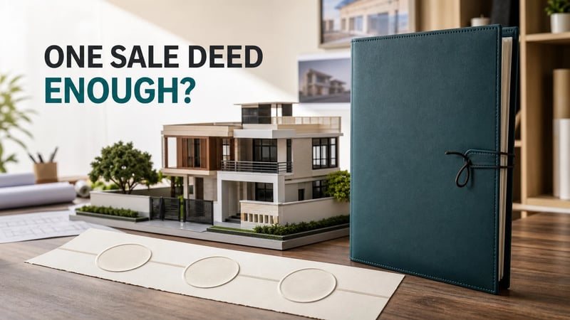 Editorial image of one registered-deed folder beside a house model and an incomplete ownership timeline.