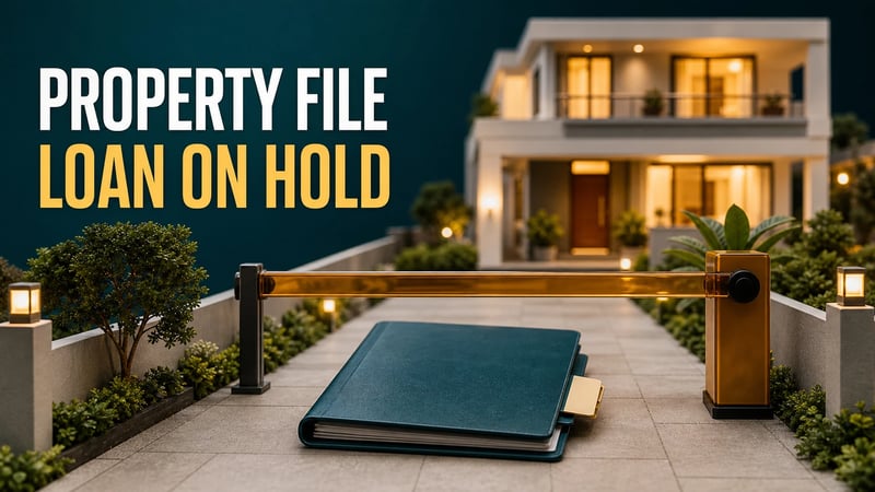 Editorial image of a property document file paused at a lender review gate while the buyer's home model remains beyond it.