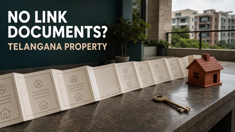 Editorial image of a Telangana property file with a visible gap in its title-document chain.