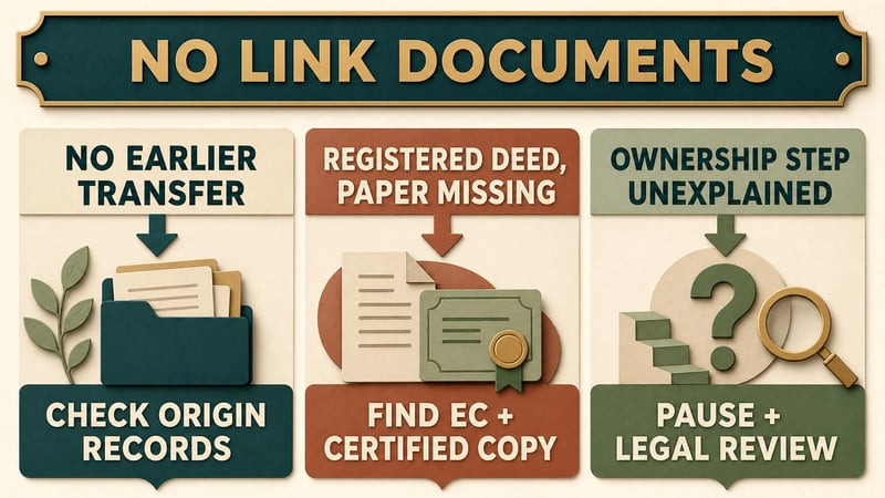 Flowchart separating first-title, missing-paper and unexplained-ownership cases for a Telangana property.