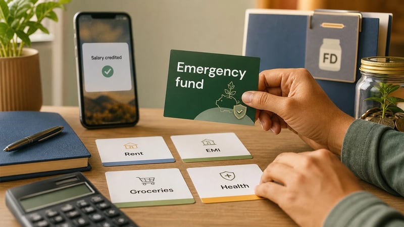 Photo-style illustration of a salaried person planning an emergency fund with monthly expense cards on a desk.