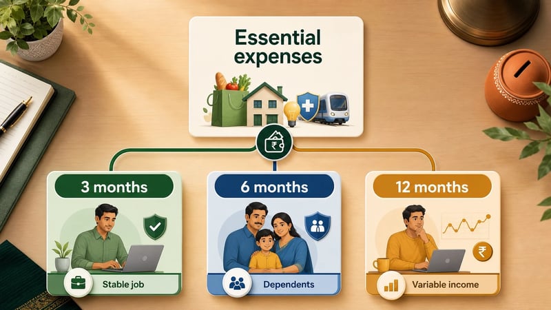 Infographic showing 3-month, 6-month and 12-month emergency fund targets.