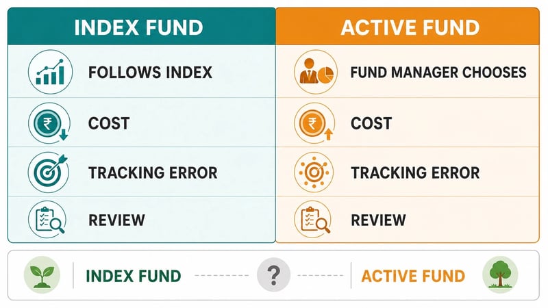 Infographic comparing index funds and active mutual funds by cost, tracking error and review effort.