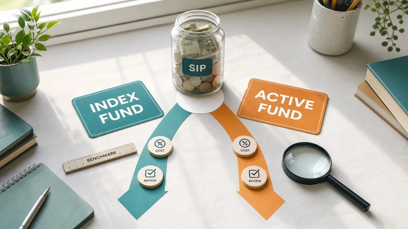 Two simple investment paths labelled Index Fund and Active Fund on a calm study table.