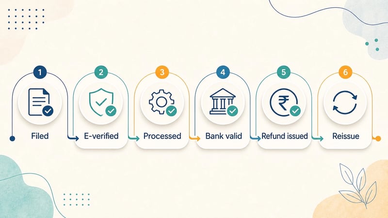 Refund status path showing filed, e-verified, processed, bank valid, refund issued and reissue steps.