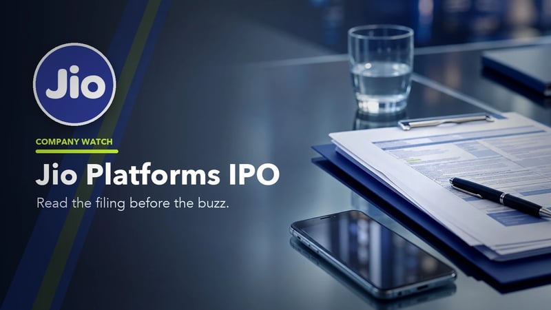 Editorial Jio Platforms IPO cover with the official Jio logo, filing papers, smartphone and a short filing-first message.