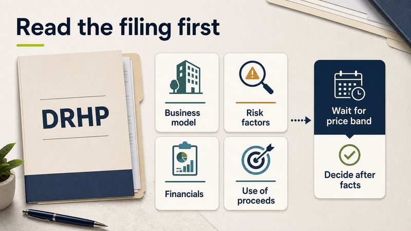 DRHP reading map showing business model, risk factors, financials, use of proceeds, price-band wait and facts-first decision.