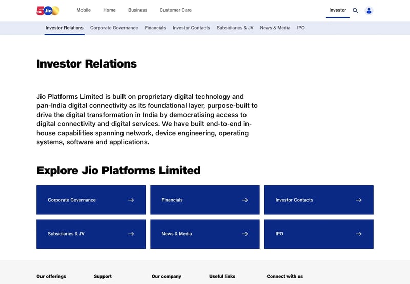 Screenshot of the official Jio investor relations page showing Jio logo, Investor Relations heading and IPO navigation.