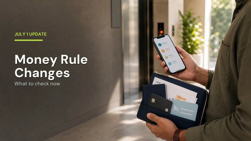 Person checking a phone while holding travel and finance documents beside an entryway, labelled Money Rule Changes.