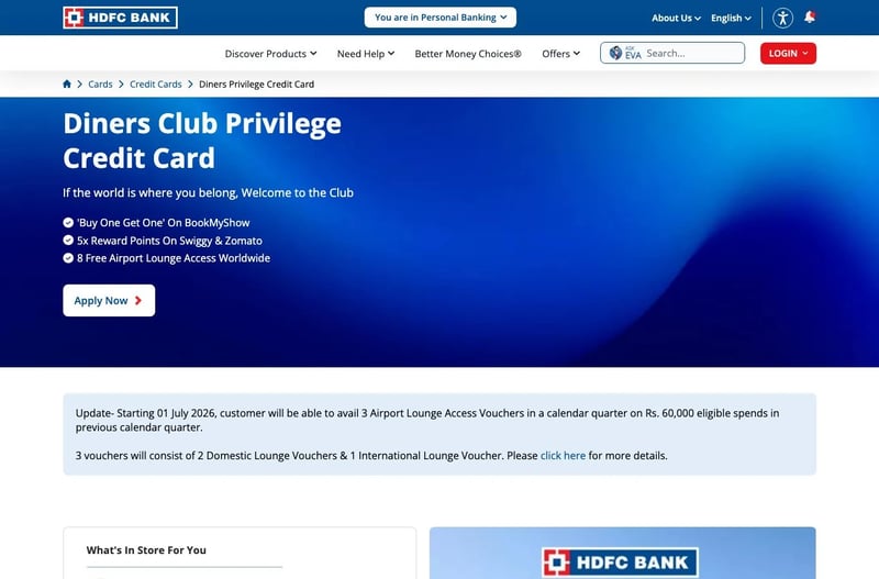 HDFC Bank page showing Diners Club Privilege lounge voucher update from 1 July 2026.