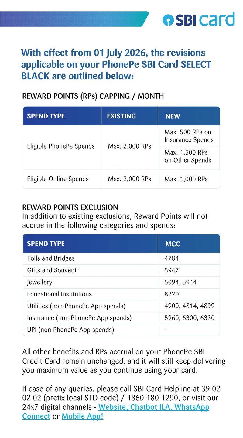 SBI Card notice showing PhonePe SBI Card SELECT BLACK reward point caps from 1 July 2026.