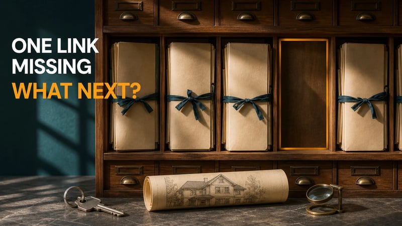 Editorial image of a property archive with one missing link-document folder highlighted beside a house key.