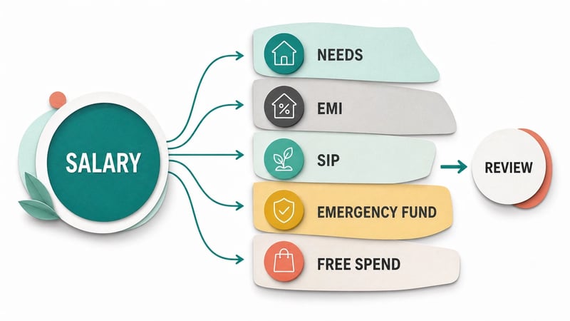 Salary flow diagram showing salary moving into needs, EMI, SIP, emergency fund, free spend and review.