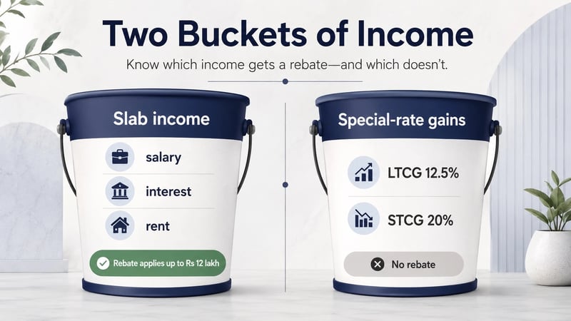 Infographic comparing slab income covered by the rebate against special-rate capital gains that are not.