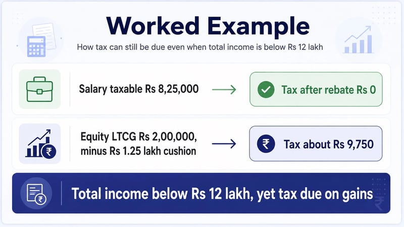Infographic showing zero salary tax after the rebate but tax still due on equity fund long-term gains.