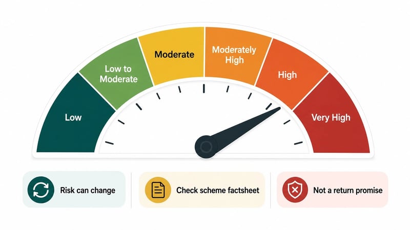 Mutual fund riskometer showing risk levels from low to very high with notes to check factsheet.