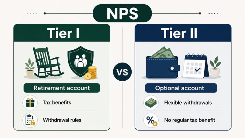 Comparison map showing NPS Tier I as retirement account and Tier II as optional flexible account.